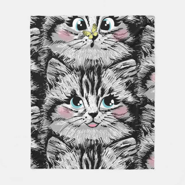 Cute furry kitten face seamless pattern. Illustrat Fleecefilt (Framsidan)