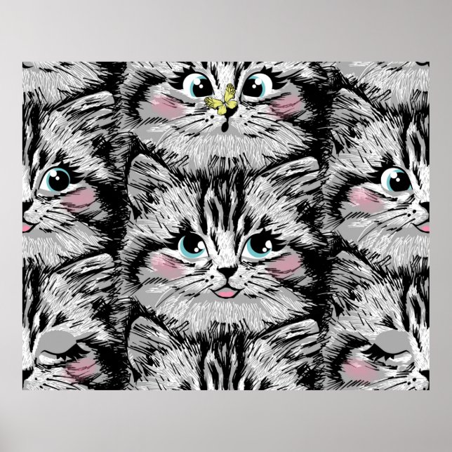 Cute furry kitten face seamless pattern. Illustrat Poster (Framsidan)