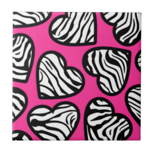Cute fuschia rosa svartvit zebra mönstrad hjärta kakelplatta
