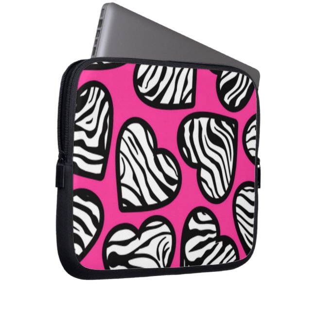Cute fuschia rosa svartvit zebra mönstrad hjärta laptop sleeve (Framsidan Höger)