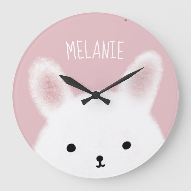 Cute Fuzzy Bunny Rosa Personlig Stor Klocka (Framsida)