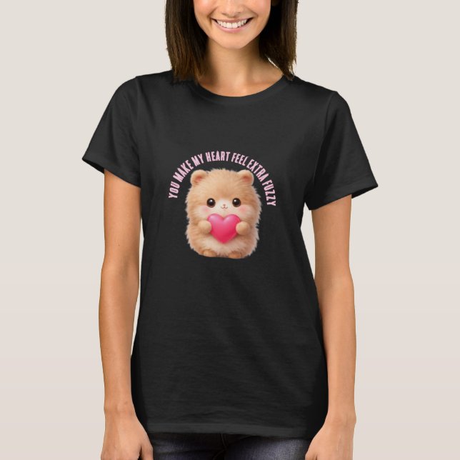 Cute Fuzzy Valentine Character Holding Heart  T Shirt (Framsida)