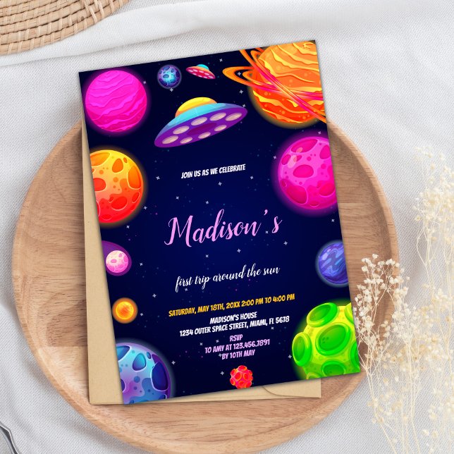 Cute Galaxy Theme for Girls Inbjudningar (Pink Outer Space Birthday Invitations)