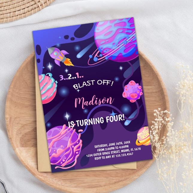 Cute Galaxy Theme for Girls Inbjudningar (Pink Purple Outer Space Birthday Invitations)