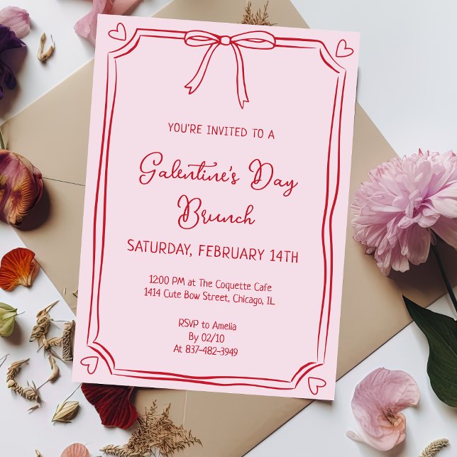 Cute Galentine's Day Brunch Rosa & Red Bow Hearts Inbjudningar (Skapare uppladdad)
