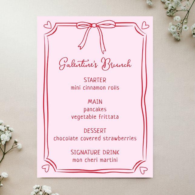 Cute Galentines Day Brunch Rosa & Red Bow Menu Meny (Skapare uppladdad)