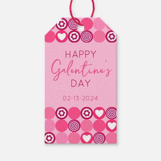 Cute Galentine's Day Rosa Heart and Flower Mönster Presentetikett (Framsidan)