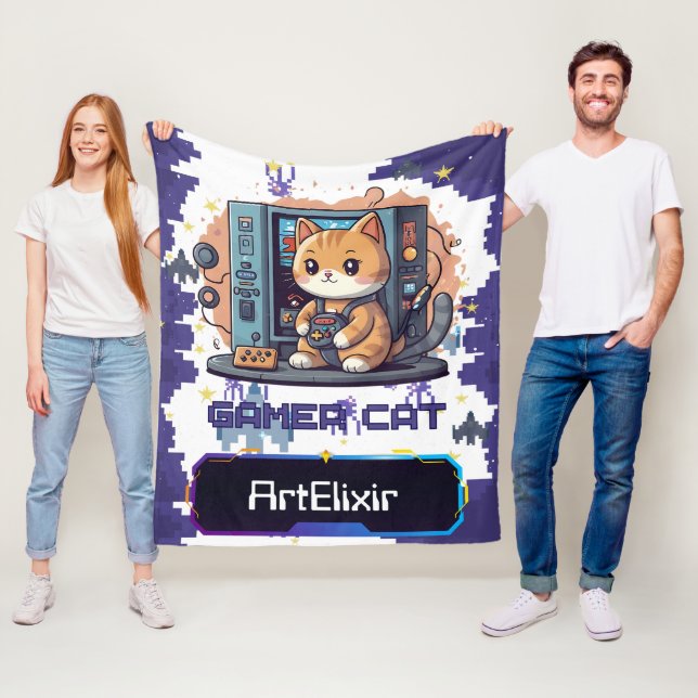 Cute Gamer Cat Blue-utskrift Fleecefilt (På plats)
