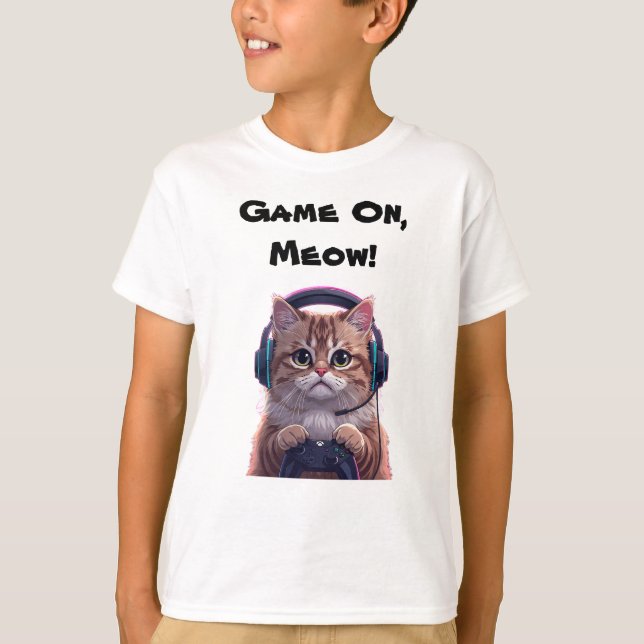 Cute Gamer Cat Kids T-Shirt – Funny Gaming Kitten  (Framsida)