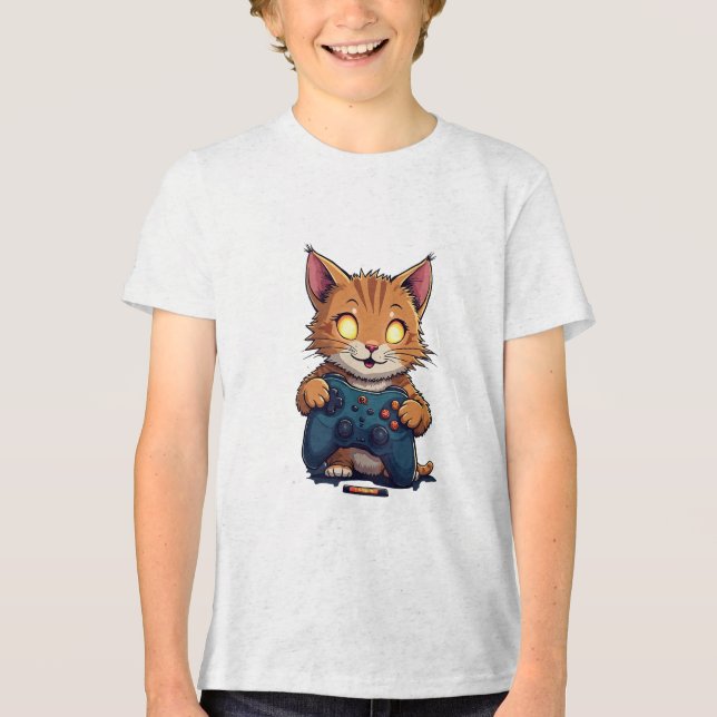 Cute Gamer Cat med Glowing Ögon och Game Control T Shirt (Framsida)