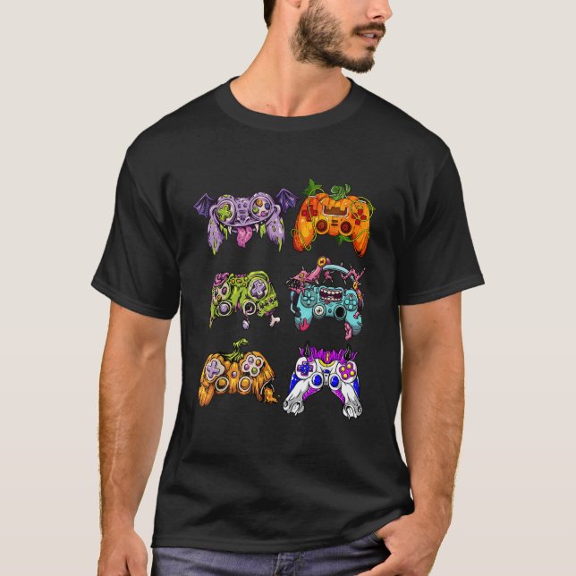 Cute Gamer Halloween Game Controller Skeleton Zomb T Shirt (Framsida)