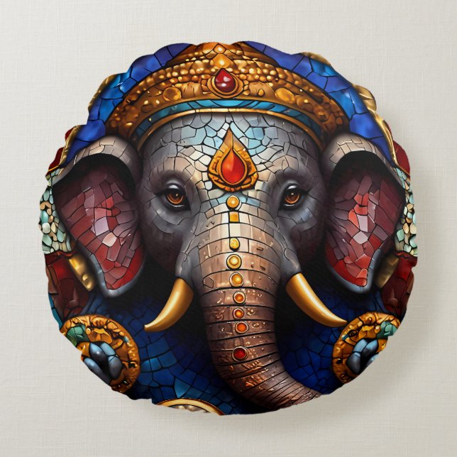 Cute Ganesh Blue Elephant God Round Cushion Pillow Rund Kudde (Framsidan)