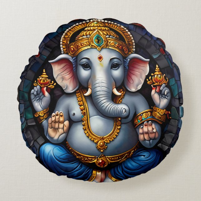 Cute Ganesh Blue Elephant Gud Rund Kudde (Framsidan)