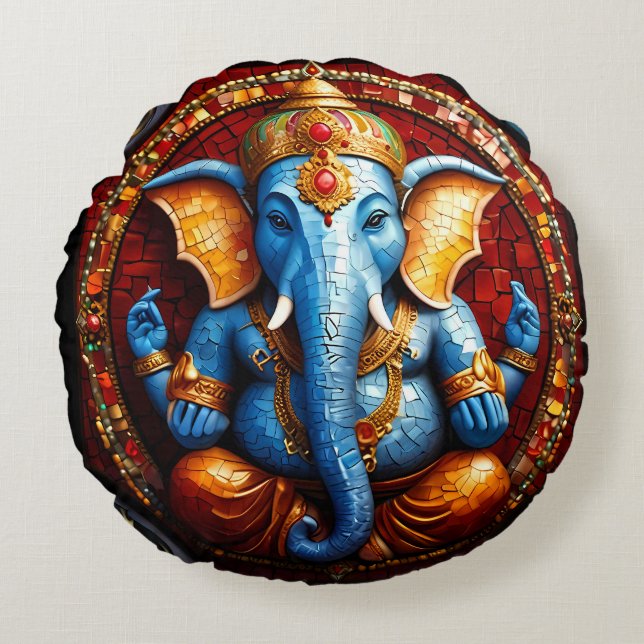 Cute Ganesh Blue Elephant Gud Rund Kudde (Framsidan)