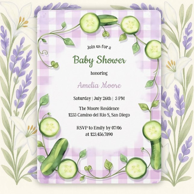 Cute Garden Fresh Themme Cucumber Baby Shower Inbjudningar (Garden Cucumber Baby Shower Invitation – Whimsical & Fresh Design)