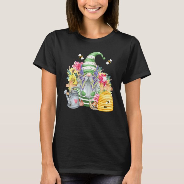 Cute Garden Gnome med bin och blommor, trädgårdsmä T Shirt (Framsida)