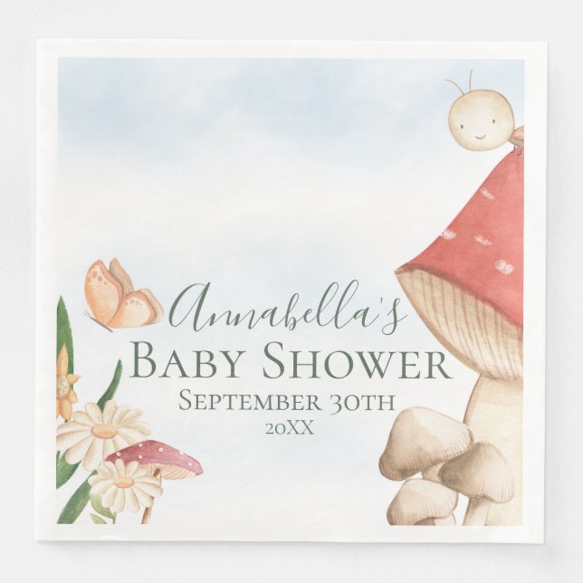 Cute Garden Mushroom och Ladybug Baby Shower Pappersservett (Framsida)