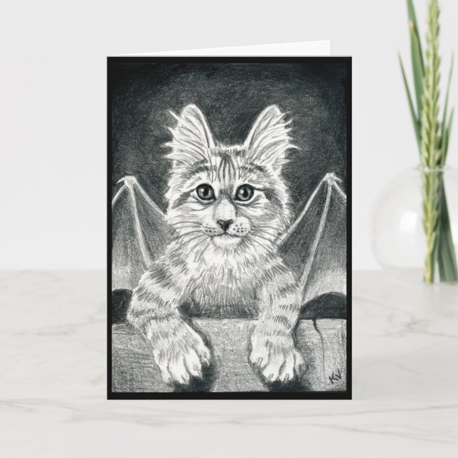 Cute Gargoyle Cat svartvit Halloween-kort Kort (Framsida)