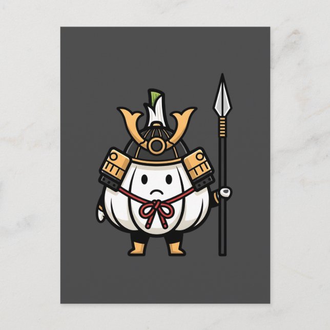 Cute Garlic Samurai Castle Guard Yari Illustration Vykort (Framsida)