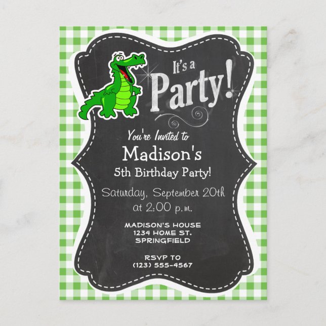 Cute Gator, Grönt Gingham Inbjudan Vykort (Framsida)