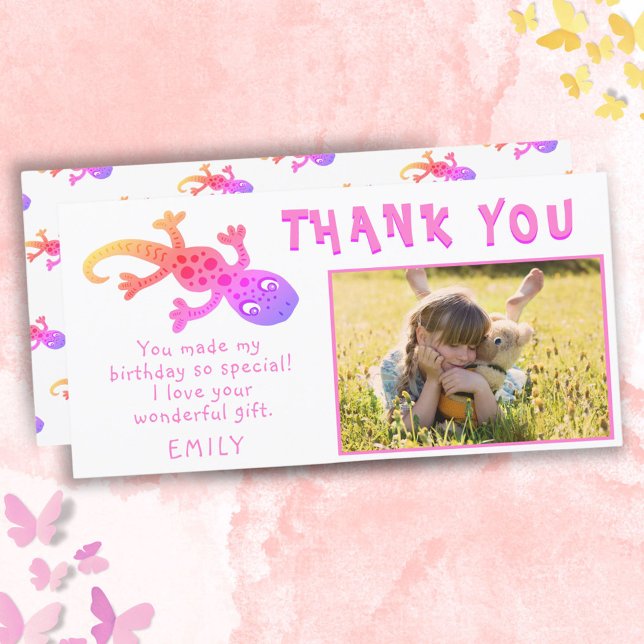 Cute Gecko Lizard Rosa Girly Birthday Photo Tack Kort (Skapare uppladdad)