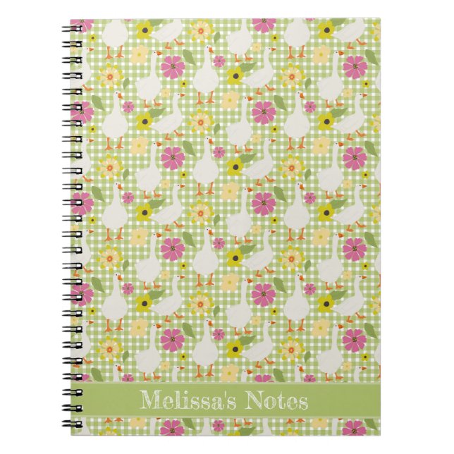 Cute Geese with Hand plockade Flowers - Grönt Chec Anteckningsbok (Framsidan)