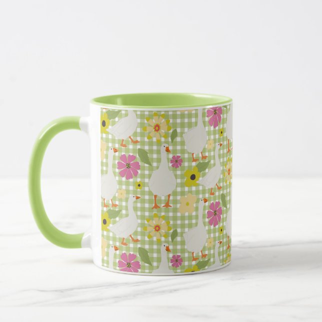 Cute Geese with Hand plockade Flowers - Grönt Chec Mugg (Vänster)