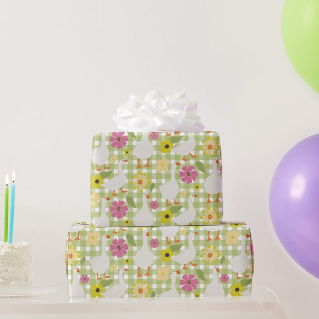 Cute Geese with Hand plockade Flowers - Grönt Chec Presentpapper (Festgåvor)