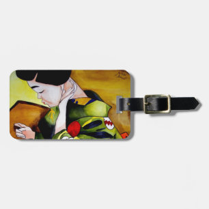 Cute Geisha med grönt kimono original art Bagagebricka