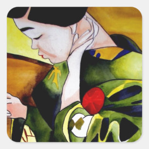 Cute Geisha med grönt kimono original art Fyrkantigt Klistermärke