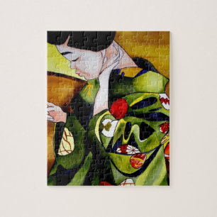 Cute Geisha med grönt kimono original art Pussel