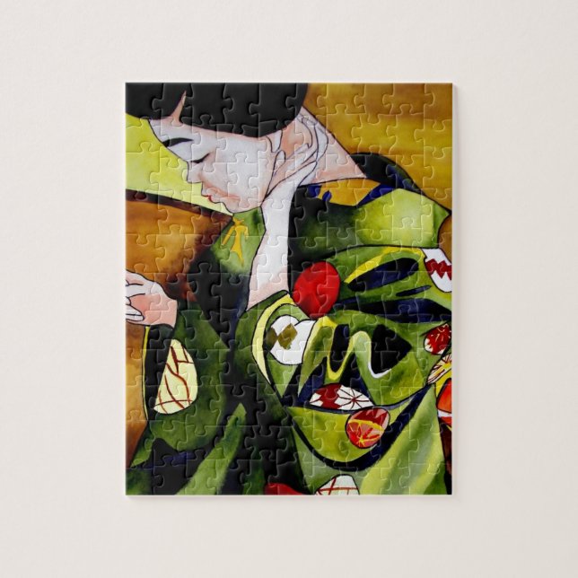 Cute Geisha med grönt kimono original art Pussel (Vertikal)