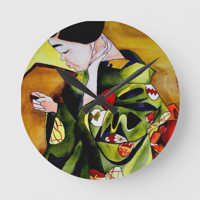 Cute Geisha med grönt kimono original art Rund Klocka (Framsida)