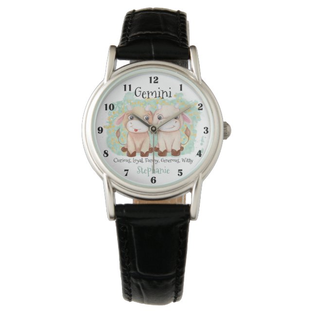 Cute Gemini Twillingars Watercolor Bull Zodiac Mon Armbandsur (Framsida)