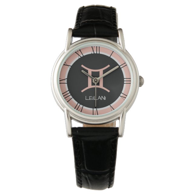 Cute Gemini Zodiac Sign Ro Rosa Grått Anpassat nam Armbandsur (Framsida)