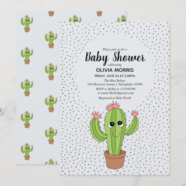Cute Gender Neutral Cactus Plant Namn Baby Shower Inbjudningar (Fram/baksida)