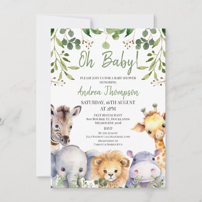 Cute Gender Neutral Eucalyptus Safari Baby Shower Inbjudningar (Framsida)