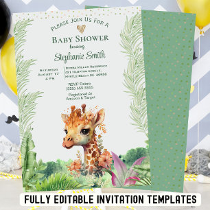 Cute Gender Neutral Greenery Giraffe Baby Shower Inbjudningar