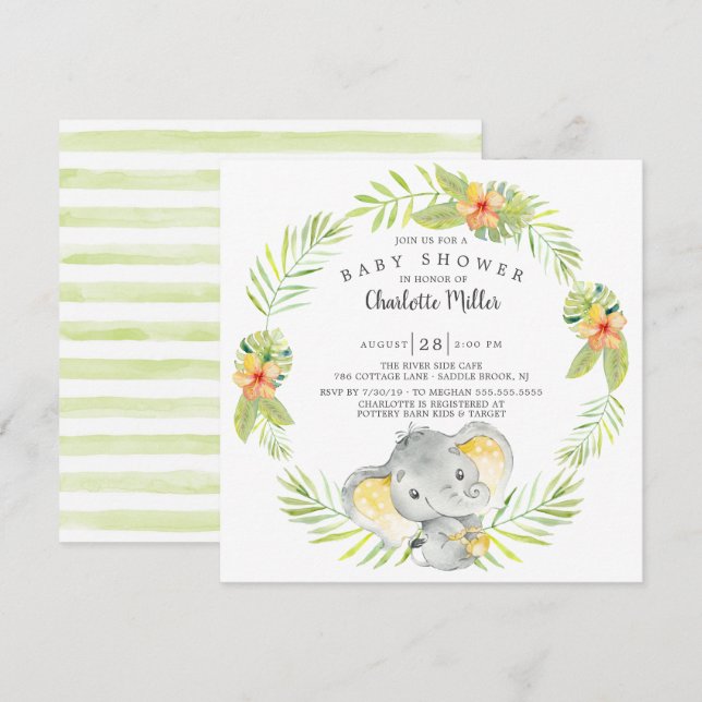 Cute Gender Neutral Jungle Elephant Baby Shower Inbjudningar (Fram/baksida)