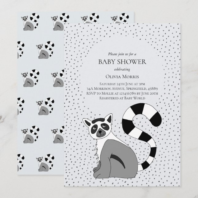 Cute Gender Neutral Jungle Lemur Namn Baby Shower Inbjudningar (Fram/baksida)