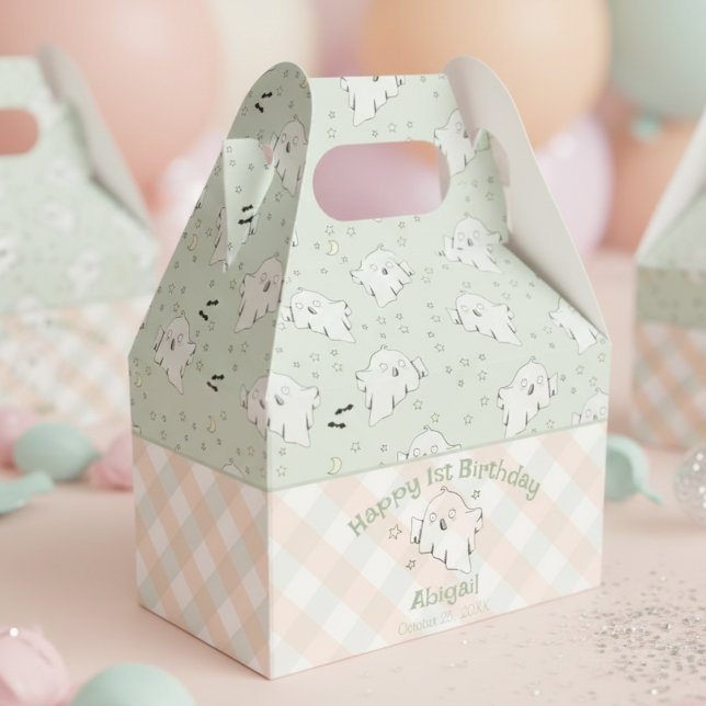 Cute Gender Neutral Lycklig Första födelsedagen Ha Presentaskar (Spooky One Green Ghost Halloween Girl Birthday Party Favor Boxes. Spooktacular Girly 1st Birthday)