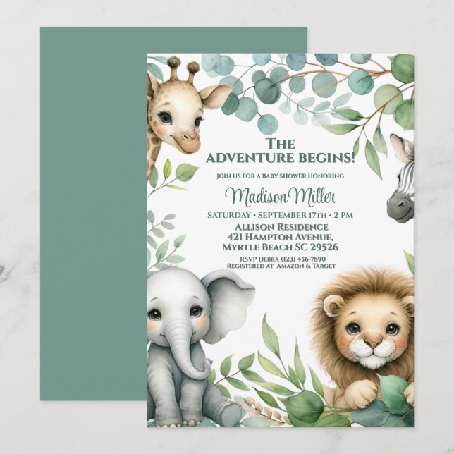 Cute Gender Neutral Safari Animals Baby Shower Inbjudningar (Fram/baksida)