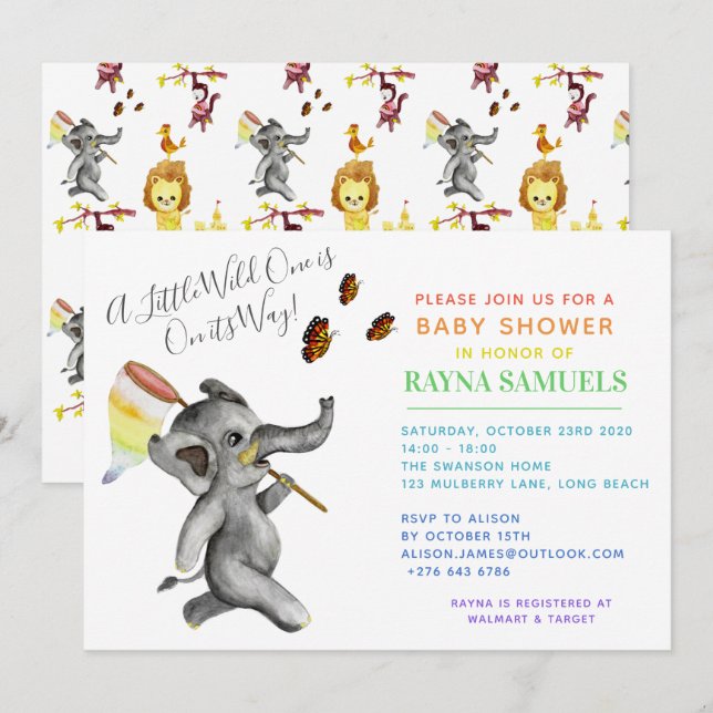 Cute Gender Neutral Safari Elephant Baby Shower Inbjudningar (Fram/baksida)