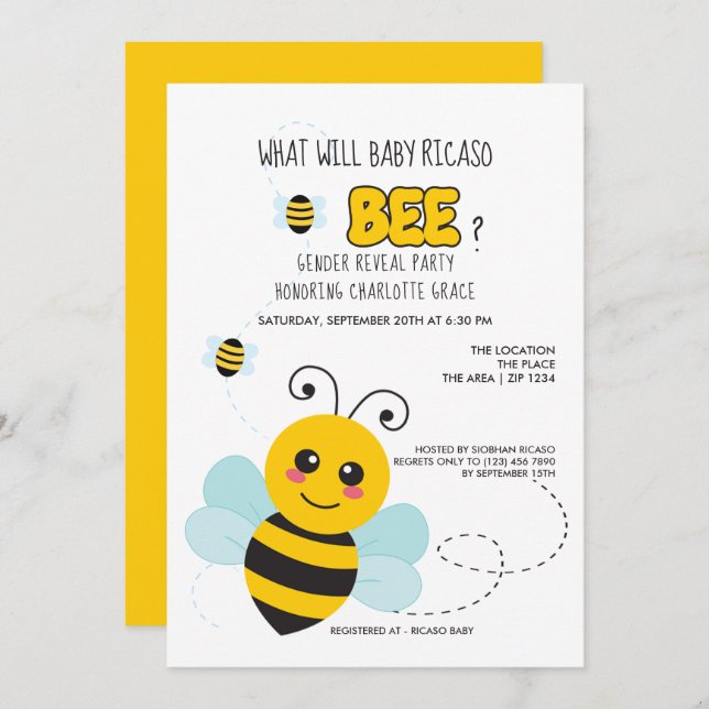 Cute Gender visar vad Baby Bee Baby Shower kommer  Inbjudningar (Fram/baksida)