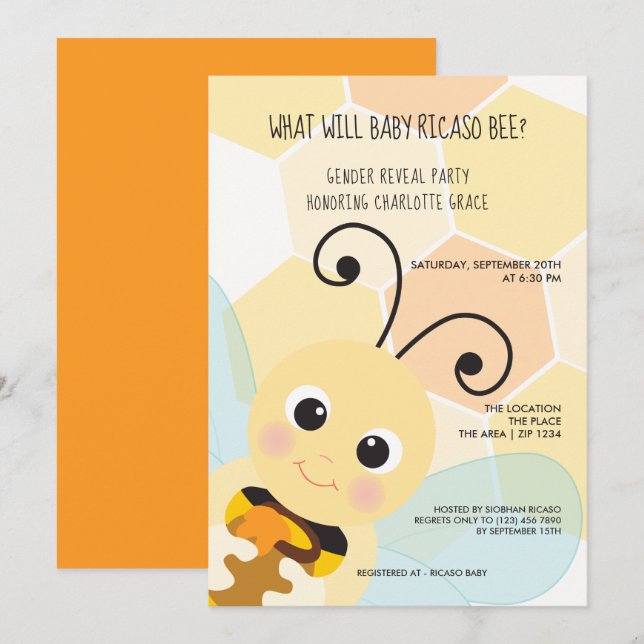Cute Gender visar vad Baby Bee Baby Shower kommer  Inbjudningar (Fram/baksida)
