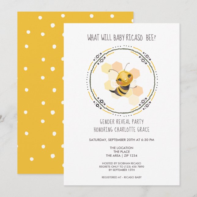 Cute Gender visar vad Baby Bee Baby Shower kommer  Inbjudningar (Fram/baksida)