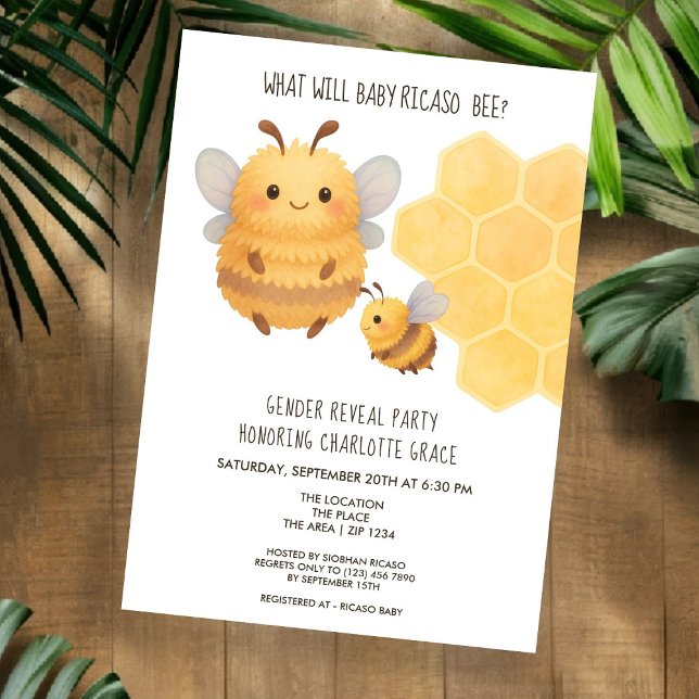 Cute Gender visar vad Baby Bee Baby Shower kommer  Inbjudningar (Cute Gender Reveal What Will Baby Bee Baby Shower Invitation by Ricaso. Fluffy Bumble Bee mom & baby)