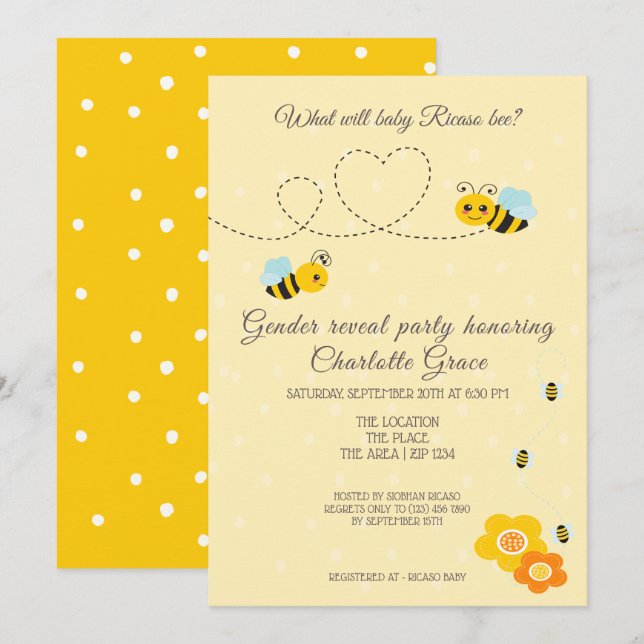 Cute Gender visar vad Baby Bee Baby Shower kommer  Inbjudningar (Fram/baksida)