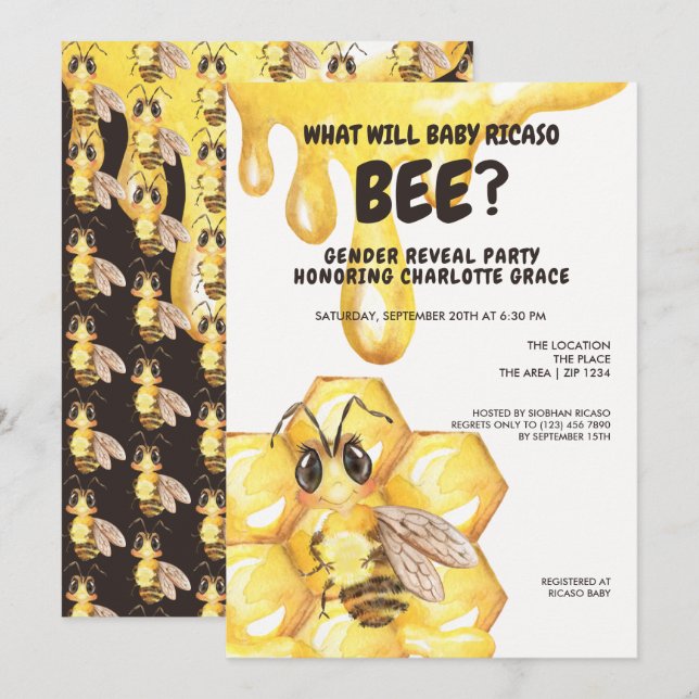 Cute Gender visar vad Baby Bee Baby Shower kommer  Inbjudningar (Fram/baksida)