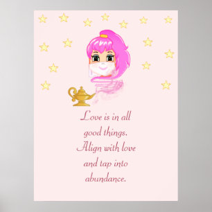 Cute Genie Tecknad & Abundance Quote på Ro Guld Poster